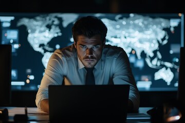 Poster - A man in a formal white shirt intensely focuses on his laptop, with a global map and technological elements on the background screen, reflecting serious work.