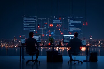 Poster - Two partners enveloped in nighttime ambiance, diligently work on futuristic coding tasks on high-tech displays; showcasing innovation and teamwork against a city view.