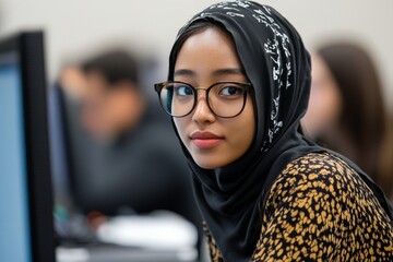 Poster - Focused woman with hijab and glasses looks attentively at the computer, engrossed in her work within a busy office setting, representing diversity and determination.