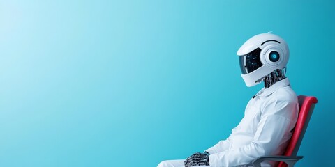 Poster - A humanoid robot adorned in advanced attire sits against a bright cyan backdrop. It symbolizes the fusion of futuristic tech and cutting-edge design.