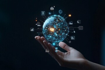 Poster - The digital globe in a person's hand illustrates connectivity, showcasing a network of interconnected nodes symbolizing global digital communication and innovation.
