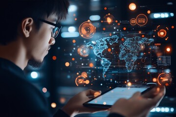 Poster - A man uses a tablet to interact with a holographic digital world map, showcasing futuristic technology and global connectivity with vibrant data visuals.