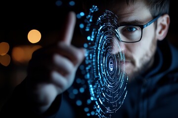 Poster - A man wearing glasses interacts with a digital interface using hand gestures in a dark environment, representing a cutting-edge technological experience.