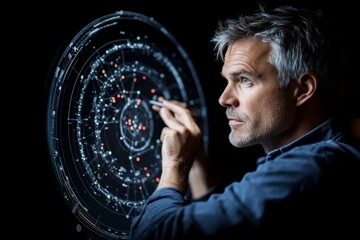 Poster - A man deeply focuses on a holographic interface with intricate designs, exploring technological possibilities and data analysis in a dark, futuristic setting.