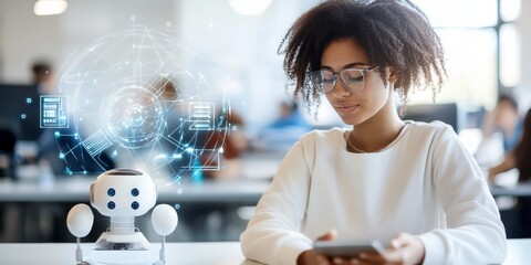 Poster - A woman interacts with a smartphone while futuristic holographic elements float around, symbolizing modern digital connectivity and advanced user interfaces.