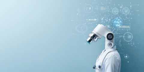 Poster - A person with a microscope is surrounded by holographic displays of technological data, symbolizing the intersection of science and digital innovation.