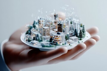Poster - An open hand presents a detailed miniature smart city model with digital overlays, symbolizing innovation, technology, and futuristic urban development concepts.