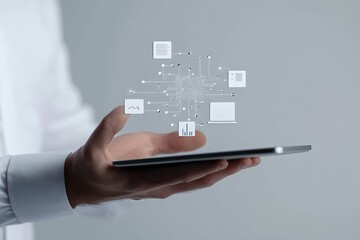 Poster - A hand holds a tablet, projecting network links, symbolizing digital interaction, data sharing, and technological connectivity in a sleek and futuristic style.