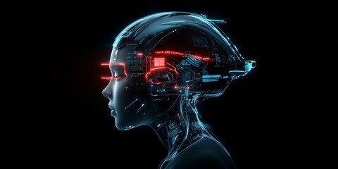 Poster - A sleek, futuristic robotic head is depicted in profile, illuminated by intricate glowing elements, symbolizing advanced AI and cybernetic evolution.