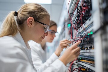 Poster - Two scientists wearing lab coats and glasses focus on handling and adjusting complex electronic and wiring systems in a laboratory setting, showcasing teamwork and technology.