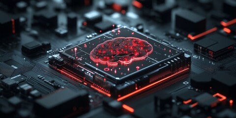Poster - A microchip with a luminous brain at its core, highlighting the intersection of technology and human thought. The intricate circuitry suggests high-tech sophistication.