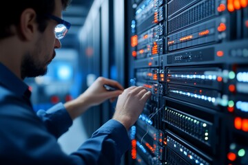 Poster - An engineer in a data center room works meticulously on a server, ensuring optimal operation and performance—depicting expert focus and technological advancement.