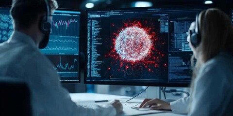 Poster - Two researchers intensely review digital data visualizations on large screens, showcasing teamwork, scientific inquiry, and the technological approach to problem-solving.