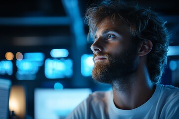 Poster - A thoughtful male programmer gazes at multiple illuminated screens, reflecting thoughtful contemplation in a tech-savvy environment filled with blue hues.