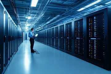 Poster - A lone technician stands holding a laptop while inspecting server units in a data center, focusing on network maintenance and system configurations.