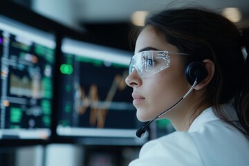 Poster - A focused scientist uses safety goggles to examine financial charts on multiple monitors, demonstrating precision and insight in a sophisticated environment.