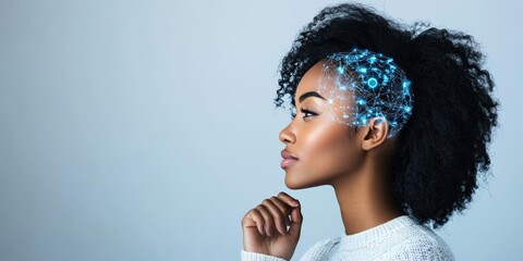 Poster - A thoughtful woman gazes ahead, adorned with digital network graphics, illustrating the intersection of human thought and digital connectivity in a contemporary style.