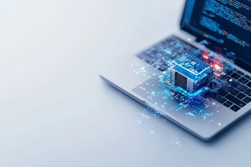 Poster - A holographic digital chip hovers above a laptop keyboard, symbolizing technological innovation, digital transformation, and the future of computing in a modern context.