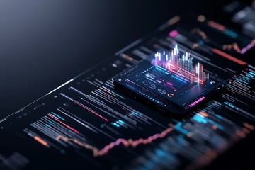 Poster - A smartphone, showcasing a bar graph representation, lies amidst glowing streams of data, embodying a sense of data analysis, modern technology, and connectivity.