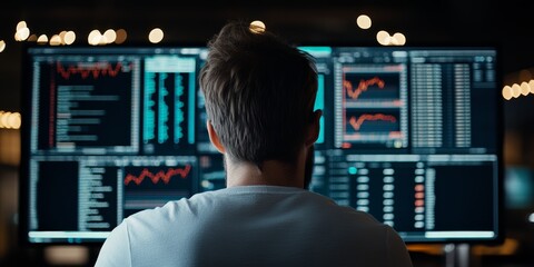 Poster - A person closely examining stock market charts and tables on multiple screens, showcasing the rigorous analysis involved in financial trading.