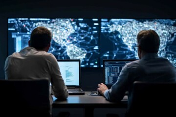 Poster - Two professionals work side by side analyzing geographic data systems on computers, reflecting teamwork, precision, and information processing in technology.