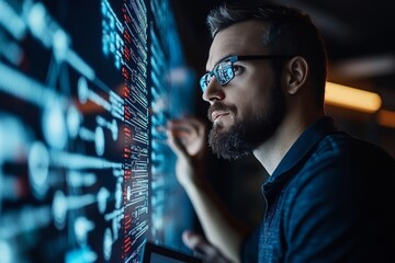 Poster - A tech professional examines a digital data interface with precision, highlighting technological expertise, data examination, and analytical perspectives.