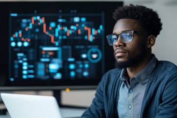 Poster - A young professional observes intricate data charts on a laptop screen, symbolizing modern analytical skills, technological competence, and professional focus.