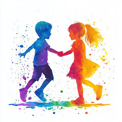 The two youths held hands and danced together in a colorful watercolor splash art style on a white background