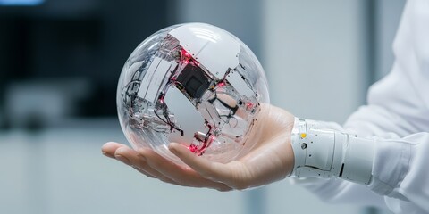 A human hand displays a transparent high-tech sphere with inner mechanisms visible, symbolizing the relationship between human creativity and technological insight.