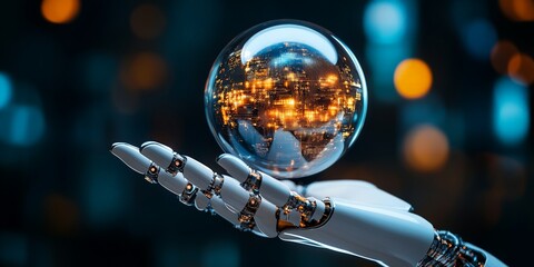 Poster - A robotic hand gracefully holds a digital globe, illuminated by vibrant networks, symbolizing technology's connection with the world and advancing digital age.