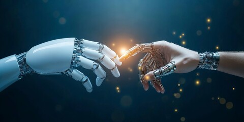 Poster - A digital artwork showing a robot hand touching a human hand, symbolizing interaction between technology and humanity with glowing lights around.