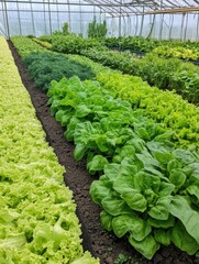 Poster - A bountiful display of fresh lettuce, dill, and basil flourishing in a greenhouse, showcasing vibrant greens ready for harvest. Generative AI