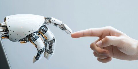 Poster - A futuristic robot hand and a human finger gently touch, symbolizing the delicate synergy and connection between humanity and technology in the modern era.