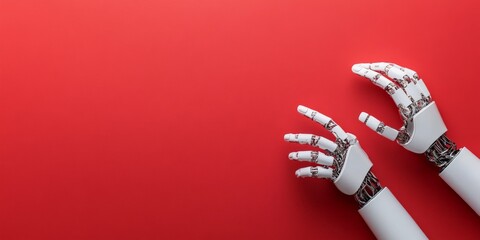 Poster - A pair of articulated robotic hands reaches towards the sky against a vibrant red backdrop, symbolizing innovation and the quest for human-machine collaboration.