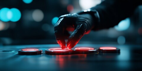 Poster - An advanced mechanical hand with glowing accents presses a prominently red, glowing button, symbolizing control, activation, and the future technology era.