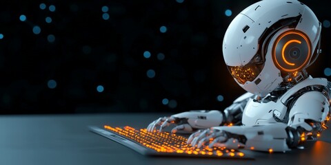 Poster - A futuristic white robot with glowing orange accents types on a similarly illuminated keyboard against a dark background filled with small blue lights.