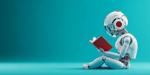 A humanoid robot sits cross-legged on a turquoise background, attentively reading a red book, illustrating the theme of focus and learning through a futuristic lens.