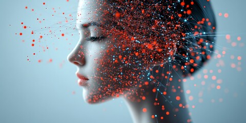 Poster - A digital visualization of a human silhouette surrounded by vibrant, colorful particles, depicting the intersection of human thought and digital data visualization.