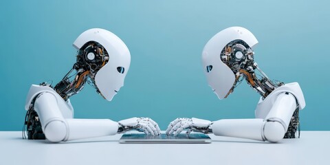 Poster - Two humanoid robots face each other with a laptop on a table, representing a concept of artificial intelligence interaction and advanced robotics technology use.