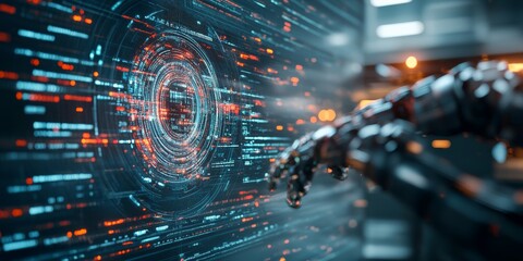 Poster - A robotic arm reaches toward a swirling digital vortex, embodying the pursuit of data, technology, and artificial intelligence in a dynamic virtual environment.
