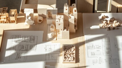 Poster - Architectural Models and Blueprints on Wooden Table