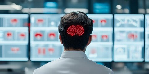 Poster - A man is seen from behind viewing multiple monitors with a digital overlay of a brain, symbolizing thoughts and technology integration in a modern setup.
