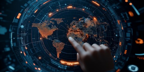 Poster - A digital world map with an interactive interface depicts connectivity and network representation, emphasizing the global interconnection in a tech age.