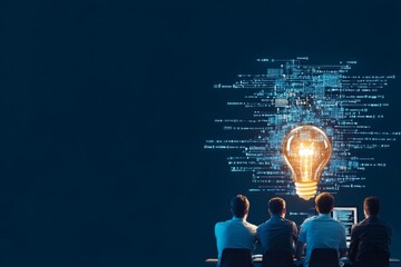 Poster - Four individuals are brainstorming around a glowing light bulb and code, representing teamwork, innovation, creative ideation, and problem-solving greatness.