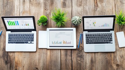Poster - Trio of Laptops Displaying Data on Rustic Wooden Desk