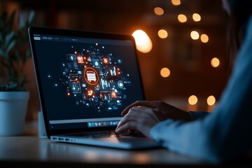 Poster - A silhouette of a person using a laptop at night, with digital data graphics projected on the screen, creating a tech-focused ambiance and logistical framework.