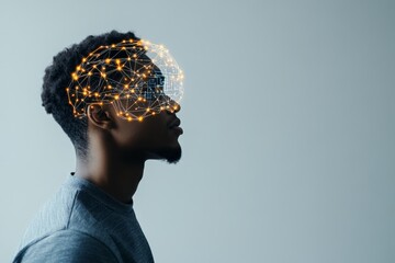 Poster - A side profile of a person is overlaid with a neural network visualization, symbolizing the intersection of human cognition and artificial intelligence concepts.