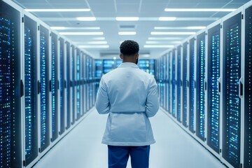 Poster - A scientist in a data center examines rows of server equipment, highlighting the intersection of research and technology in modern scientific advancements.