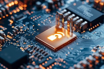Poster - A glowing unlock icon on a microchip, indicating accessible technology and innovative solutions in the digital age with a focus on connectivity and progress.