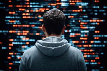 Fototapete - A person in a hoodie stands in front of a digital display with glowing red and blue code, symbolizing technology and anonymity in a cyber environment.
